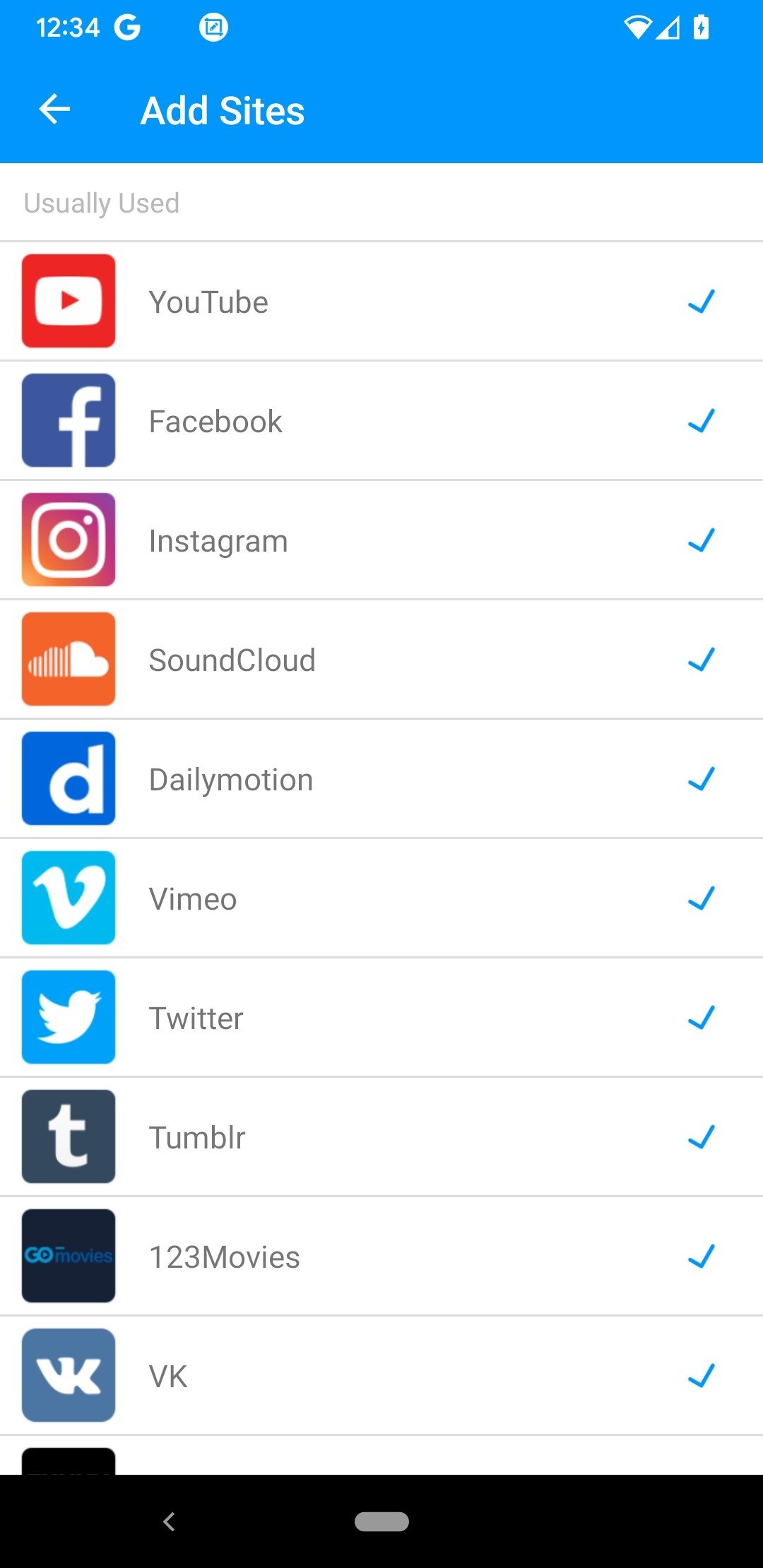 Экран Add Sites в KeepVid Android со списком поддерживаемых площадок