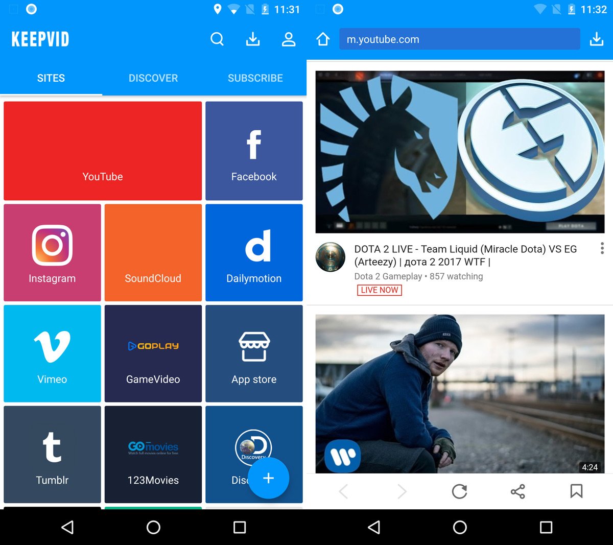 Главный экран KeepVid Android со вкладками Sites, Discover и Subscribe и встроенным браузером