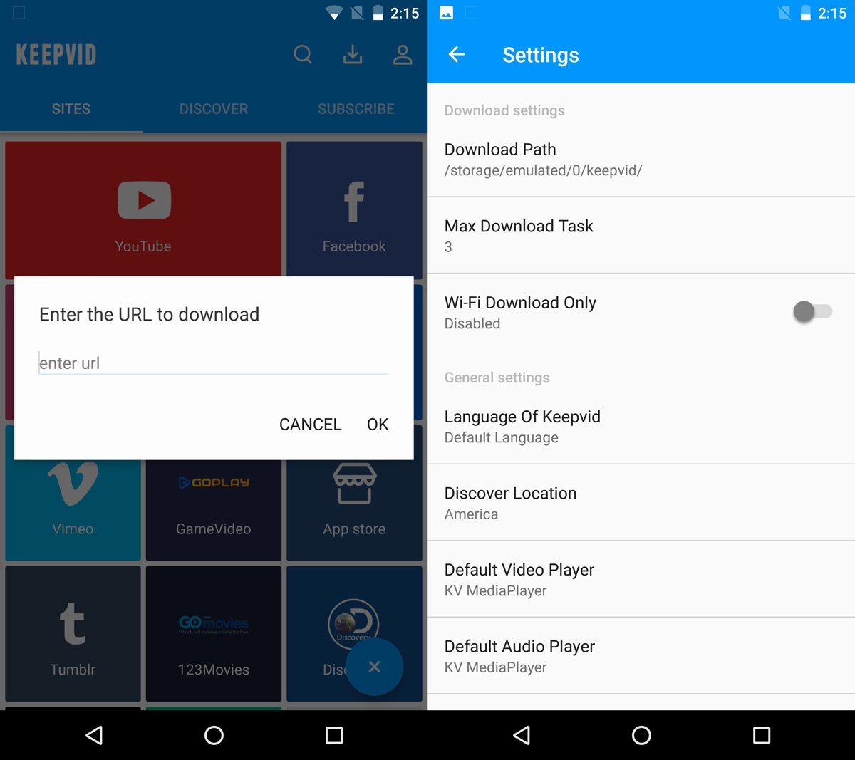 Настройки KeepVid Android с путём загрузки, числом задач, Wi-Fi и выбором медиаплеера