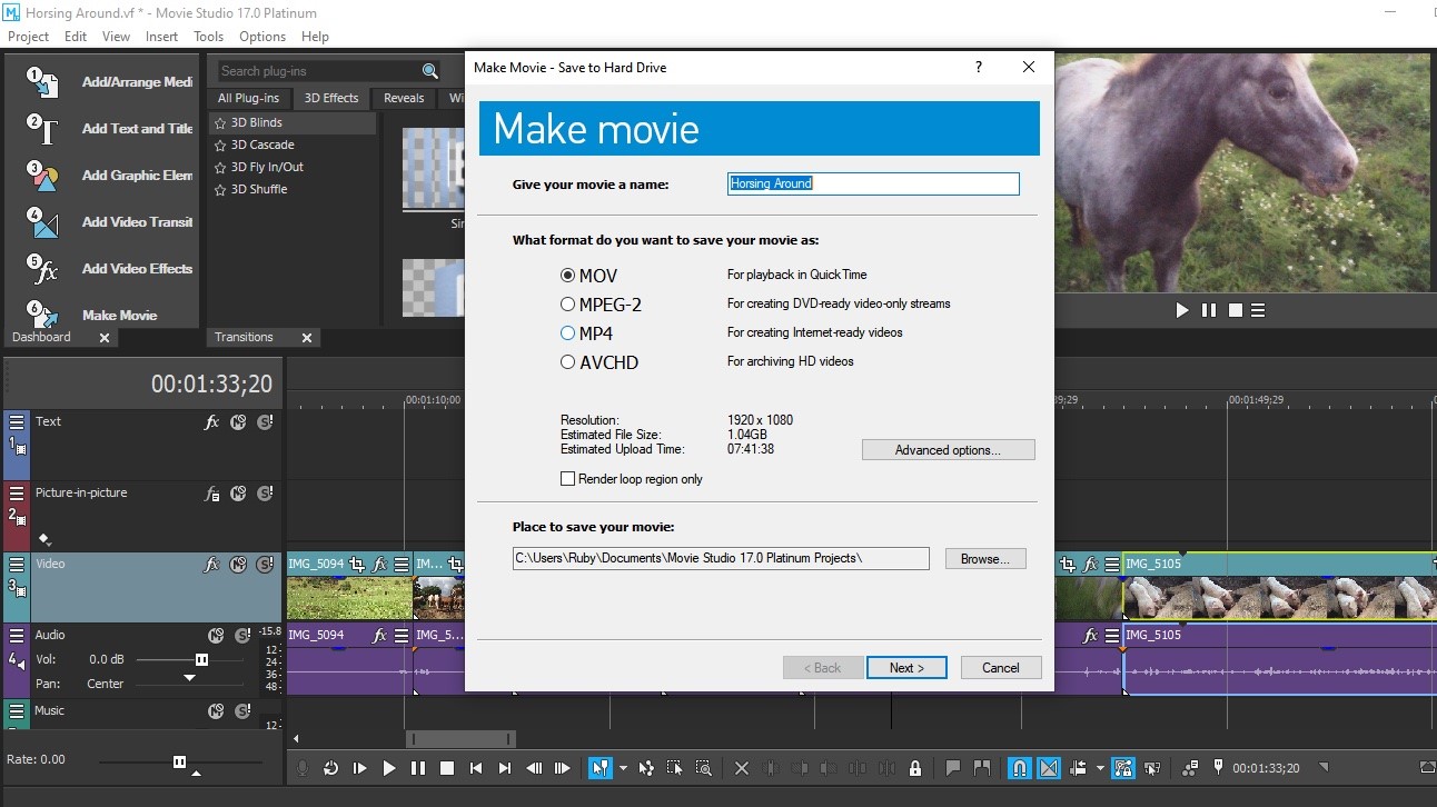 Мастер Make Movie Save to Hard Drive в VEGAS Movie Studio 17 Platinum с выбором MP4 и Advanced options