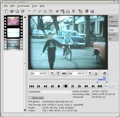 Главное окно Kino с раскадровкой, предпросмотром и режимами Edit, Capture, Timeline, Trim, Export и FX