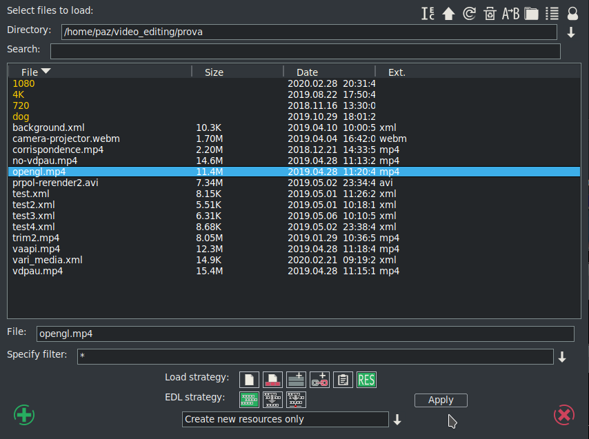 Диалог Load Files в Cinelerra-GG Infinity для импорта медиа