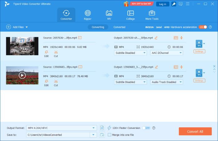 Главное окно Tipard Video Converter Ultimate с разделом Converter и очередью файлов