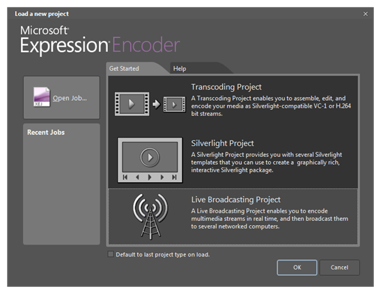 Окно выбора проекта Microsoft Expression Encoder 4 с тремя типами проекта