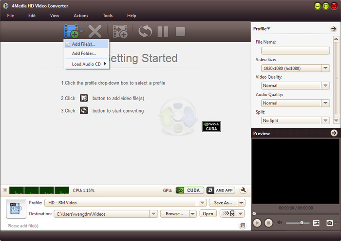 Главное окно 4Media HD Video Converter с меню добавления файлов