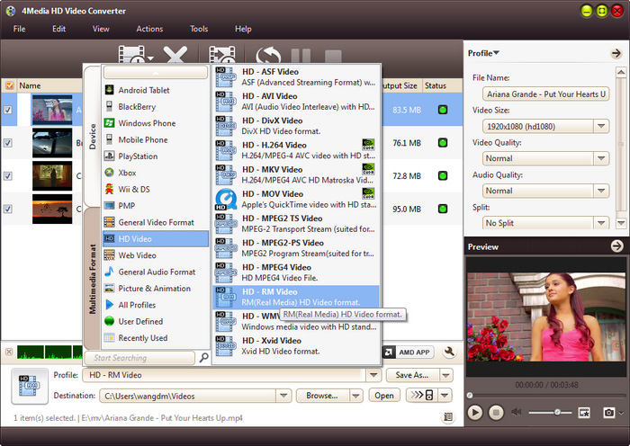 Список профилей HD Video в 4Media HD Video Converter