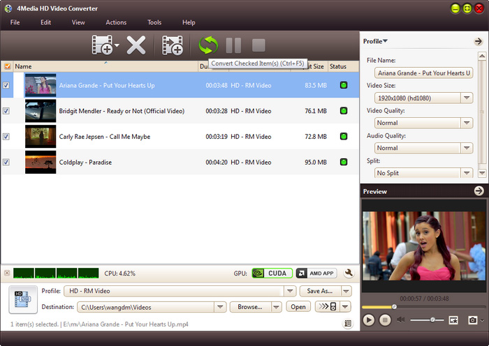 Запуск конвертации отмеченных файлов в 4Media HD Video Converter