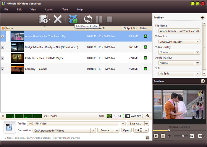 Добавление второго выходного профиля в 4Media HD Video Converter