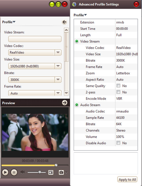 Расширенные параметры видео и аудио в 4Media HD Video Converter