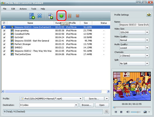 Очередь заданий и кнопка Convert в 4Media Video Converter Standard