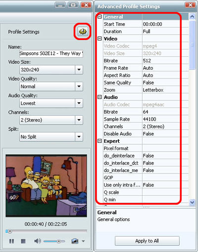 Advanced Profile Settings с параметрами Start Time и Duration в 4Media Video Converter Standard