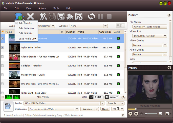 Очередь файлов и меню добавления в 4Media Video Converter Ultimate