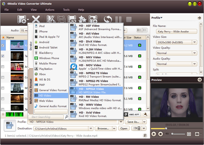 Список профилей HD и устройств в 4Media Video Converter Ultimate