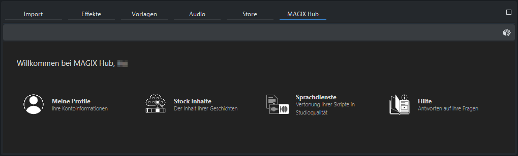 Панель MAGIX Hub внутри Movie Studio с доступом к профилю, стоковым материалам, речевым службам и справке