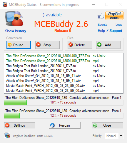 Главное окно MCEBuddy Status с очередью конвертаций и элементами управления