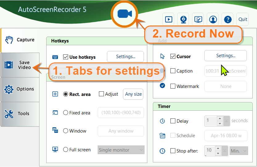 Главное окно AutoScreenRecorder 5 с вкладками Capture, Save Video, Options и Tools