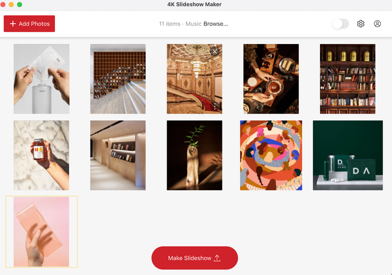 Главное окно 4K Slideshow Maker 2.0 с сеткой фотографий и кнопкой Make Slideshow