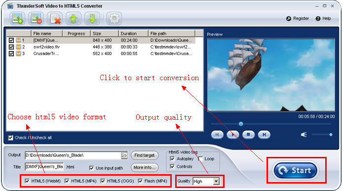 Основные элементы ThunderSoft Video to HTML5 Converter: форматы, качество и кнопка Start