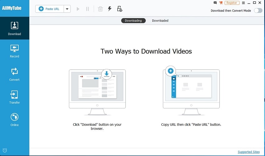 Главное окно Wondershare AllMyTube для Windows с разделами Download, Record, Convert и Transfer