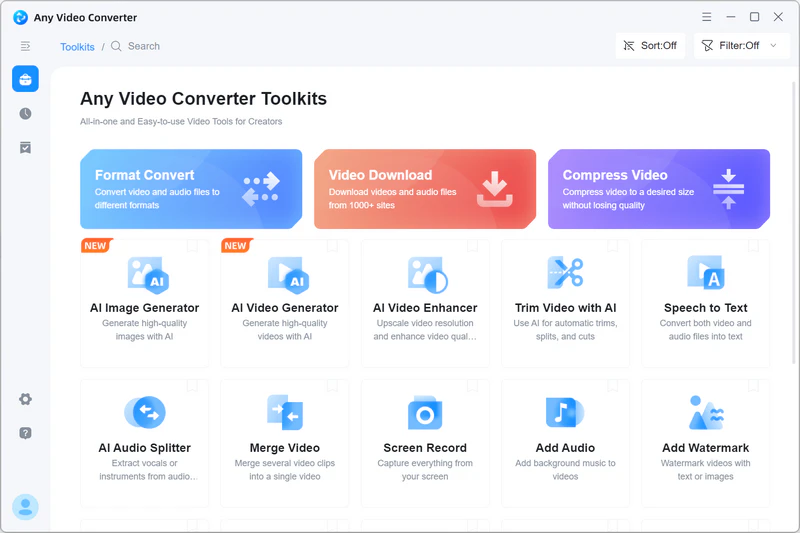 Главная панель Toolkits в Any Video Converter 9 с модулями конвертации, загрузки, сжатия и ИИ-инструментами