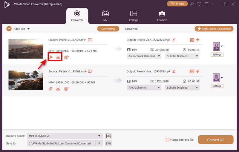 Главное окно AVAide Video Converter с очередью файлов, профилем MP4 и кнопкой Convert All
