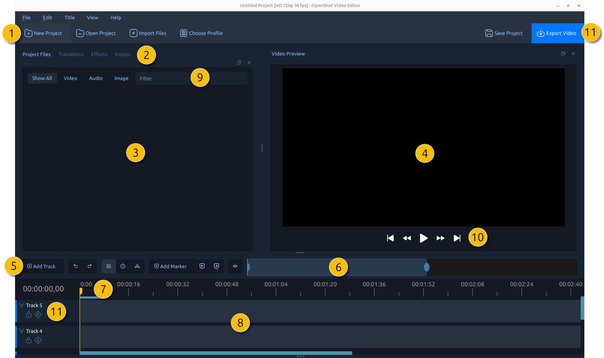Главное окно OpenShot с панелью Project Files, окном предварительного просмотра и шкалой времени