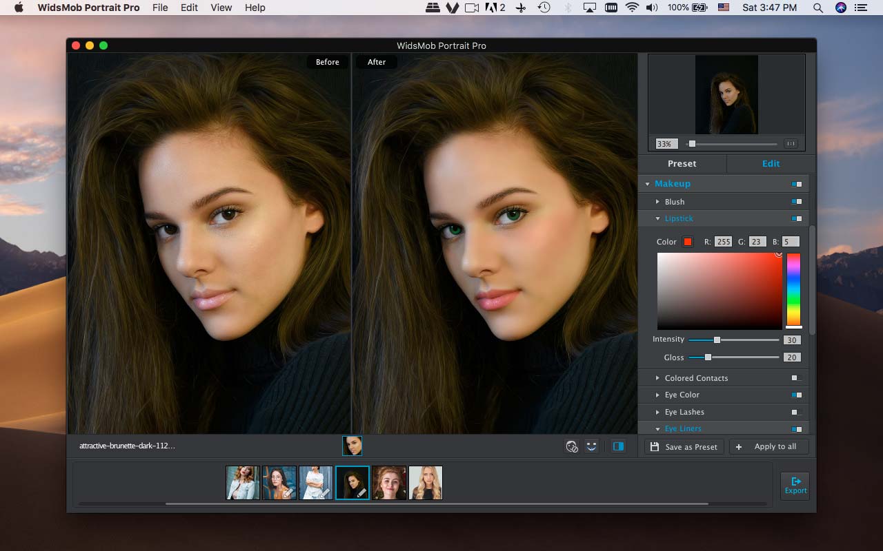 Интерфейс WidsMob Portrait Pro с инструментами Lipstick, Colored Contacts и Eye Liners