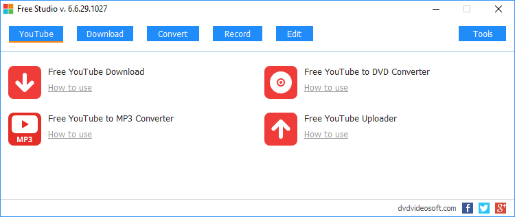 Окно DVDVideoSoft Free Studio с разделами YouTube, Download, Convert, Record, Edit и Tools