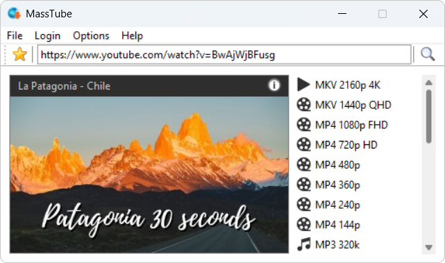 Интерфейс MassTube с полем ссылки YouTube, превью ролика и списком форматов