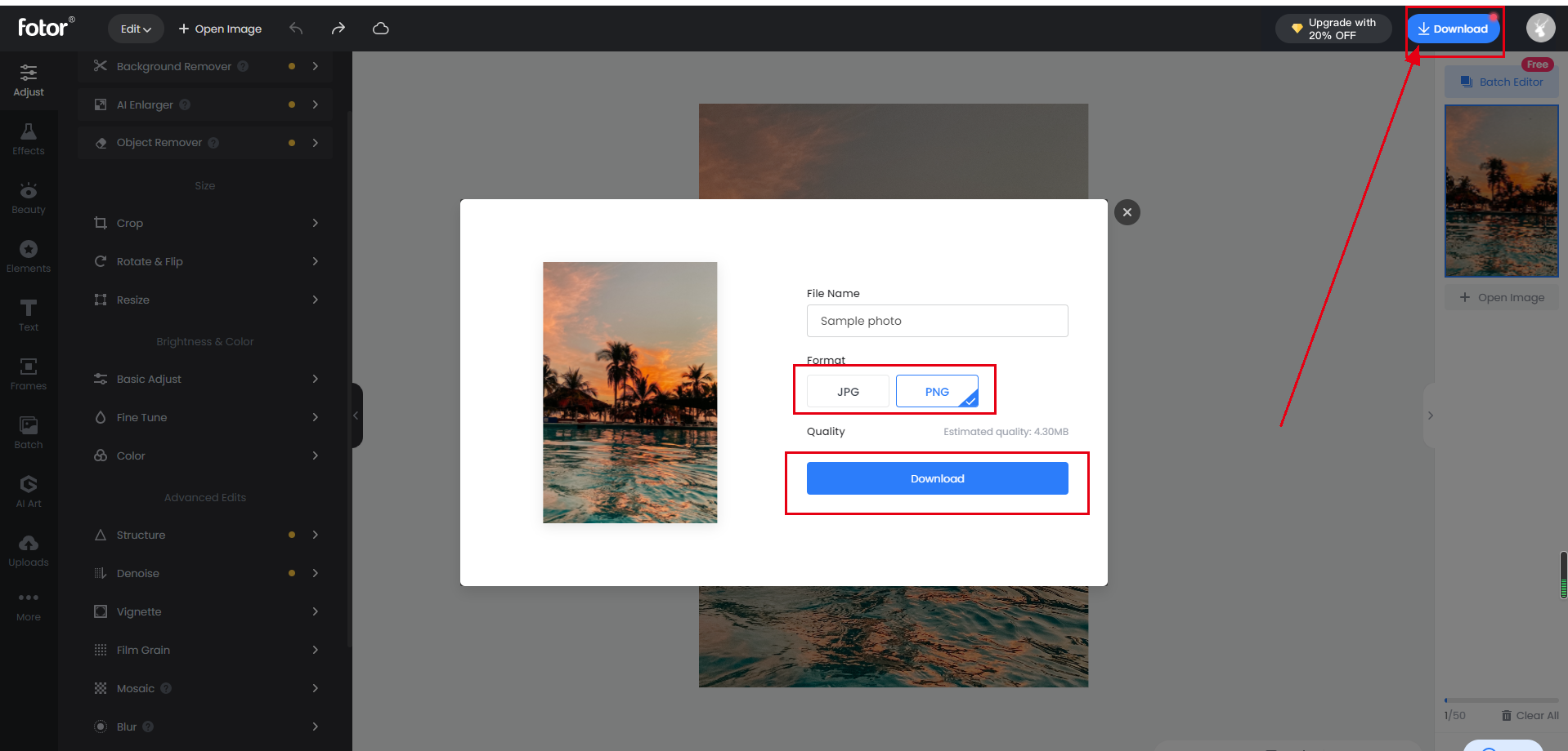Диалог загрузки результата Fotor Photo Editor с выбором JPG или PNG
