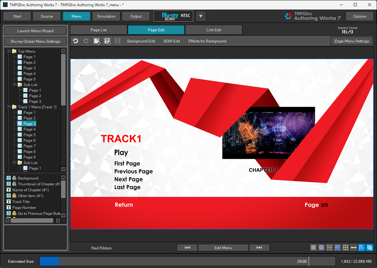 Редактор меню TMPGEnc Authoring Works 7 с деревом страниц и областями Page Edit и Link Edit