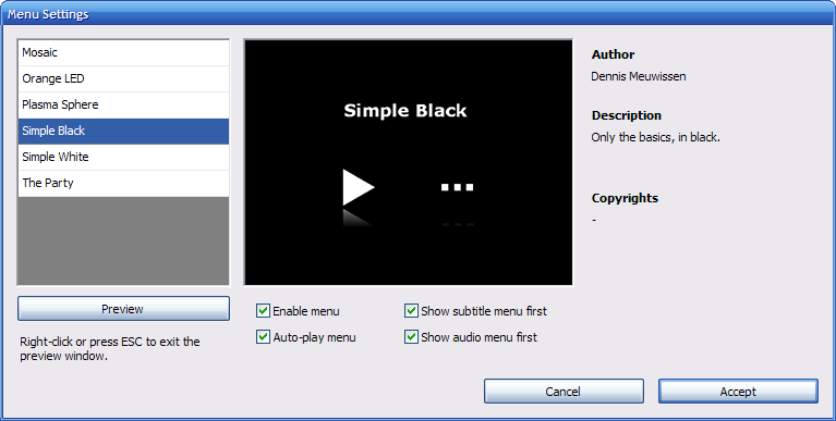 Menu Settings DVD Flick со списком шаблонов и предварительным просмотром меню