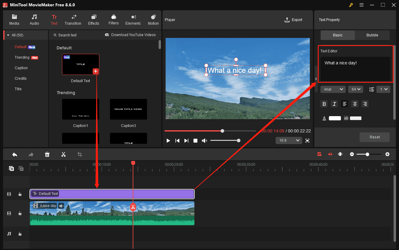 Редактирование текста в MiniTool MovieMaker с панелью Text Property