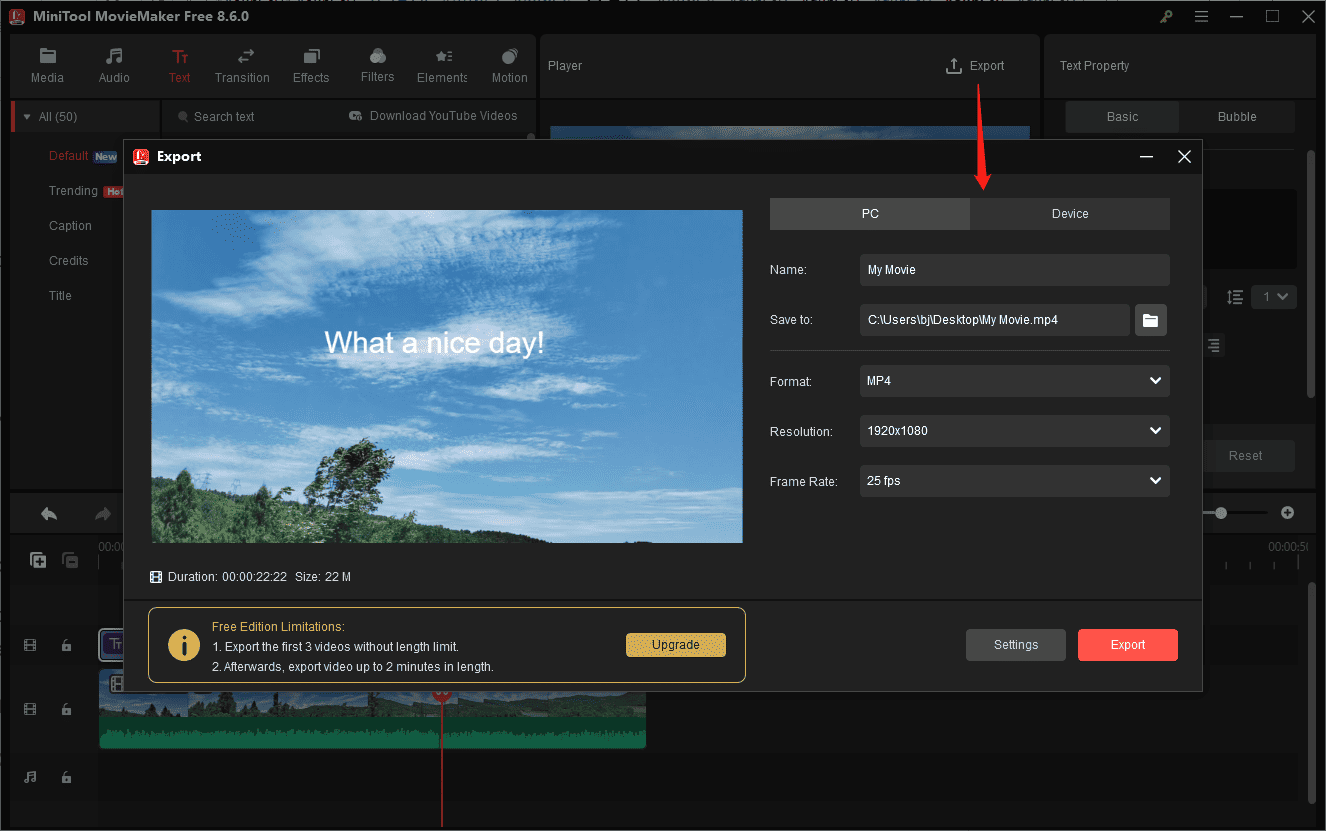 Окно Export MiniTool MovieMaker с выбором MP4, разрешения и частоты кадров