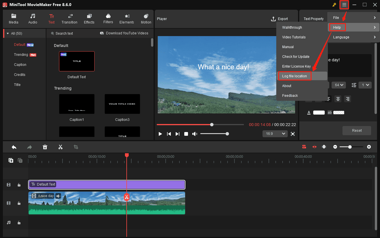Пункт Log file location в меню Help MiniTool MovieMaker