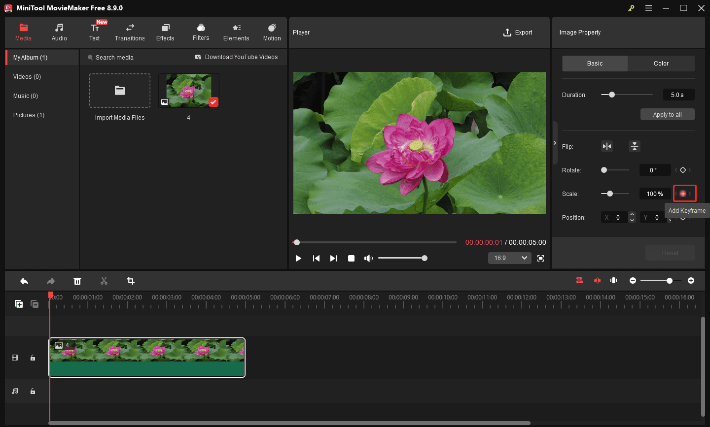 Ключевой кадр Scale в MiniTool MovieMaker 8.9