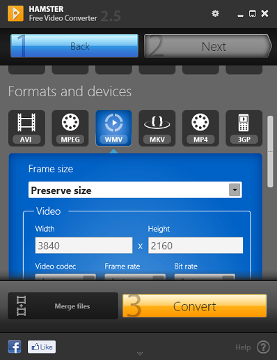 Панель Formats and devices в Hamster Free Video Converter 2.5 с выбором WMV, разрешения, кодека, частоты кадров и битрейта