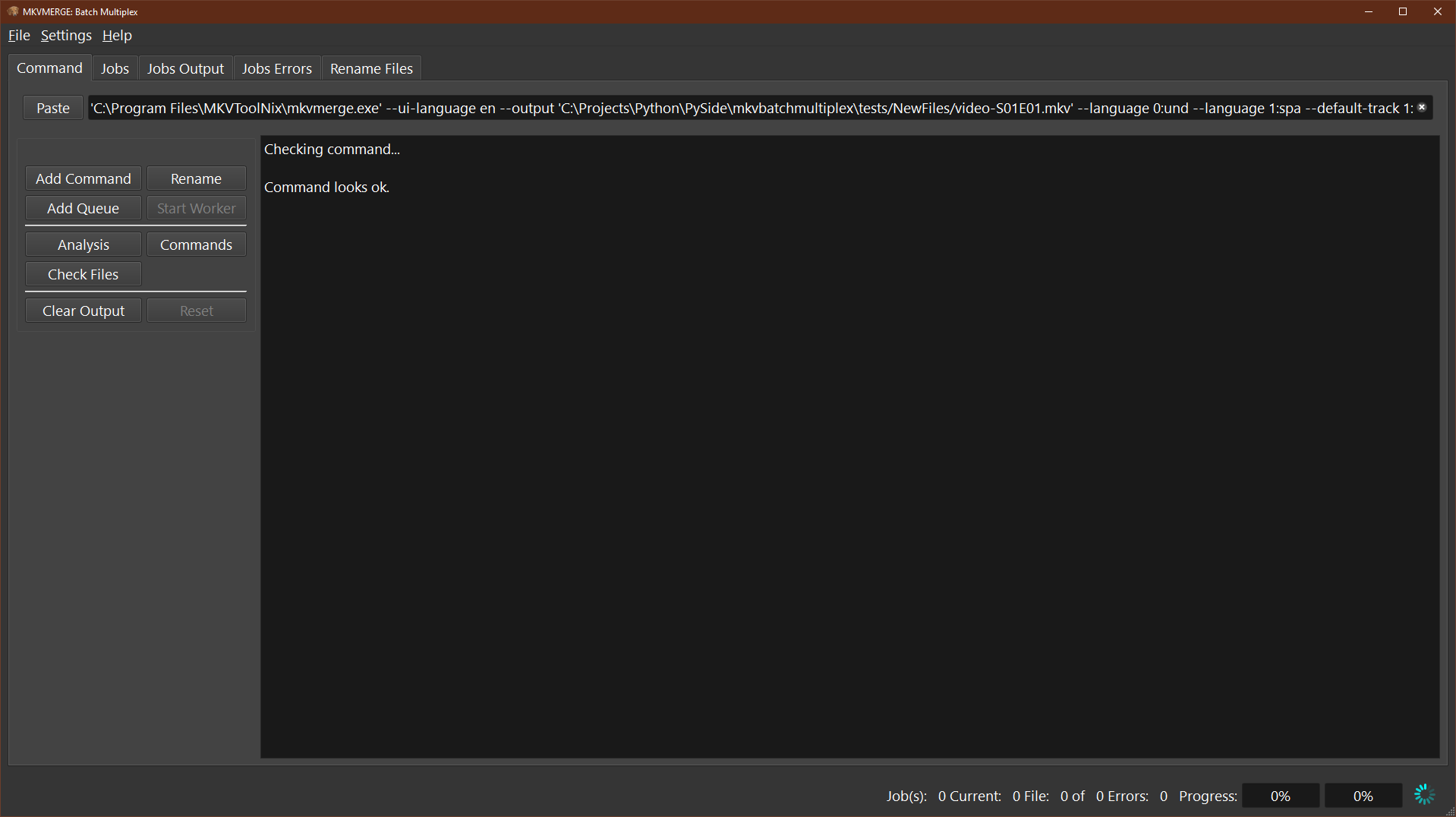 Вкладка Command MKVBatchMultiplex с вставленной командой MKVToolNix и сообщением начальной проверки
