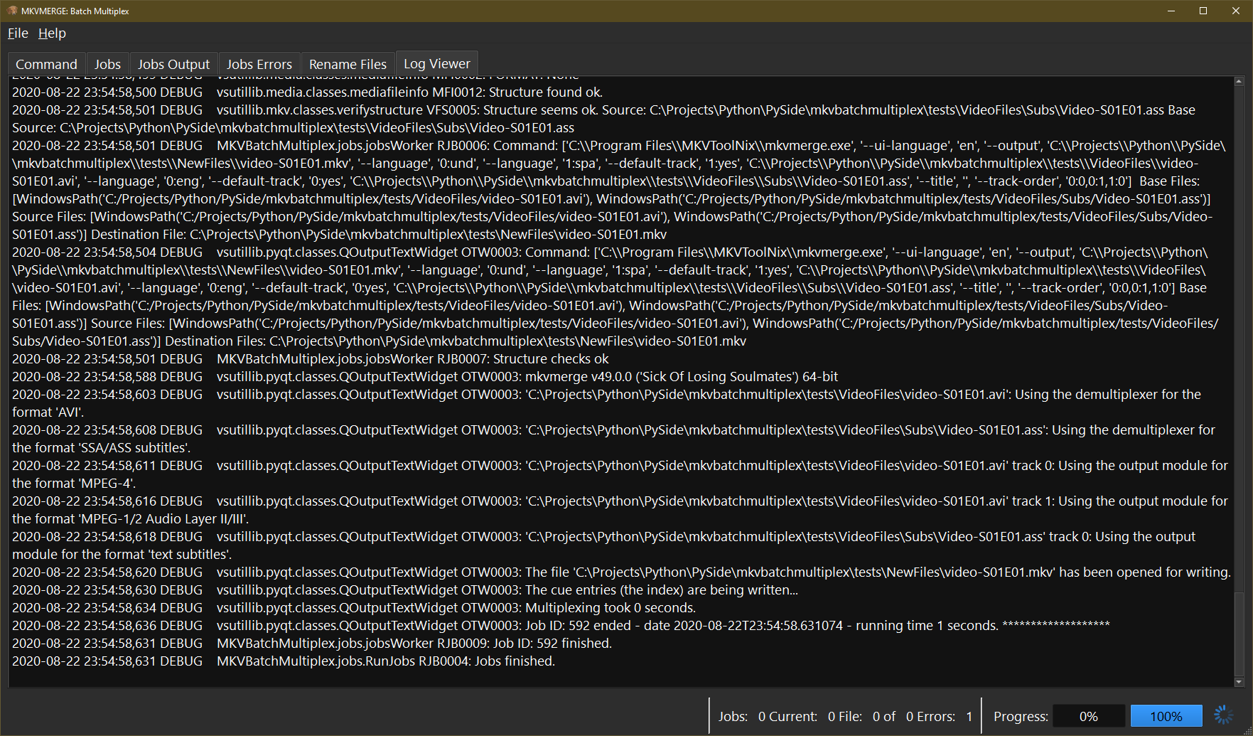 Вкладка Log Viewer MKVBatchMultiplex с журналом команд, анализа дорожек и выполнения mkvmerge