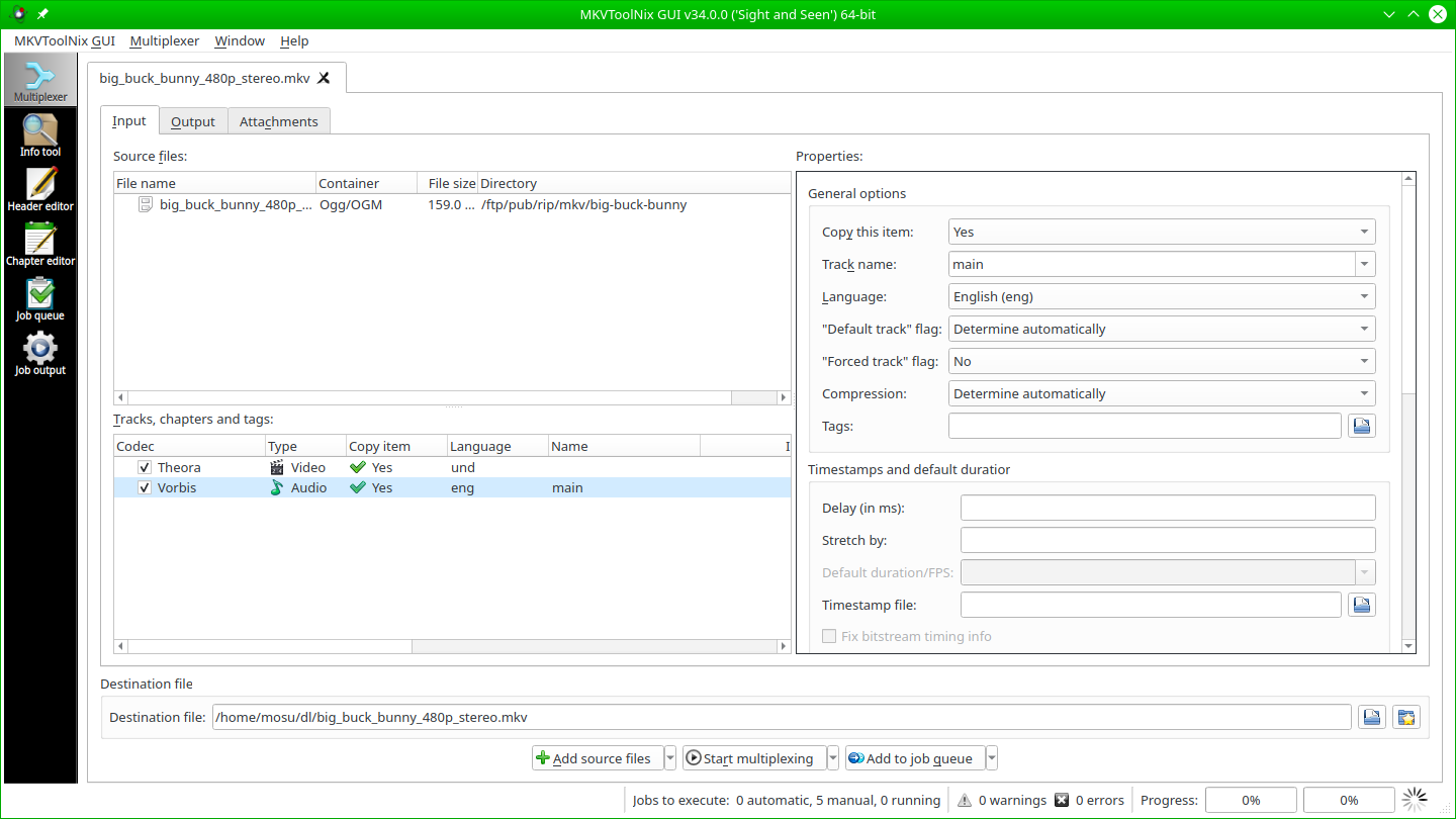 Официальный скриншот MKVToolNix GUI с Multiplexer, списком дорожек и панелью свойств