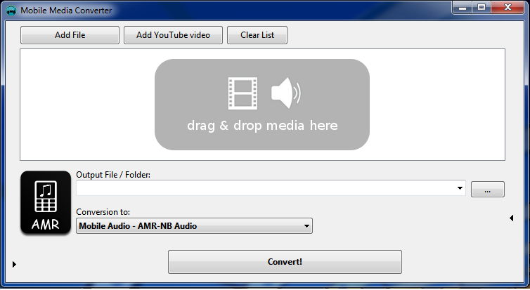Главное окно Mobile Media Converter для Windows с очередью файлов и выбором формата