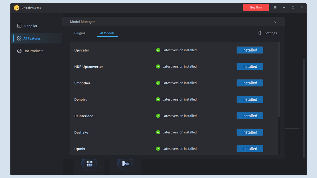 Менеджер AI-моделей UniFab с установленными модулями Upscaler, Denoise и другими инструментами