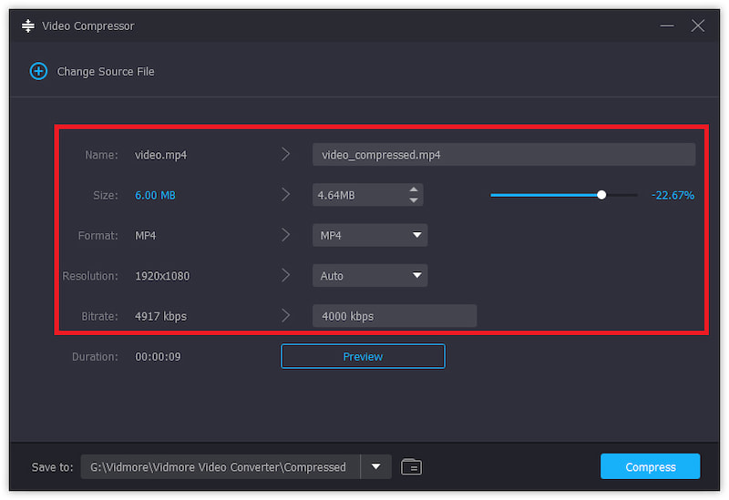 Video Compressor в Vidmore Video Converter с настройками размера, формата, разрешения и битрейта