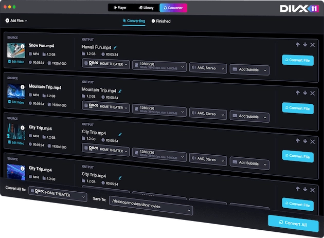 Очередь DivX 11 Converter с несколькими файлами, выходным профилем, аудио и субтитрами