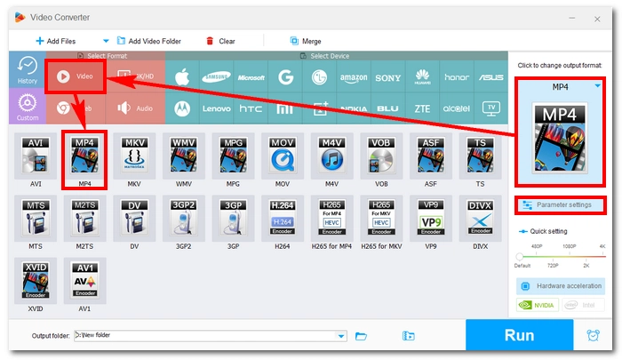 Выбор MP4 и настройка параметров в WonderFox Free HD Video Converter Factory