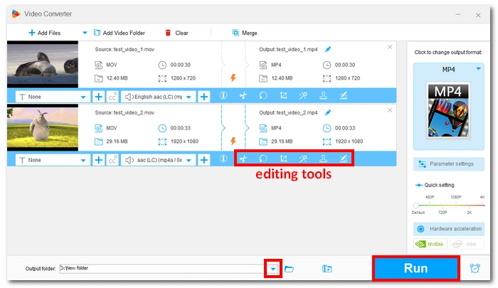 Очередь файлов, панель редактирования и кнопка Run в WonderFox Free HD Video Converter Factory