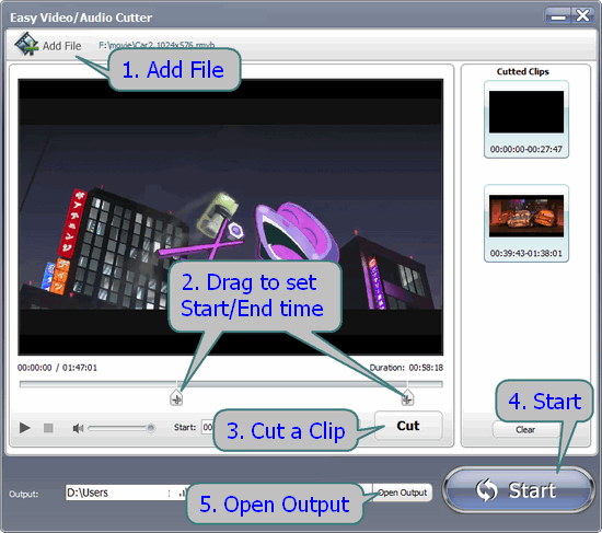 Окно Easy Video Audio Cutter в GiliSoft Video Editor с выбором начала и конца фрагмента