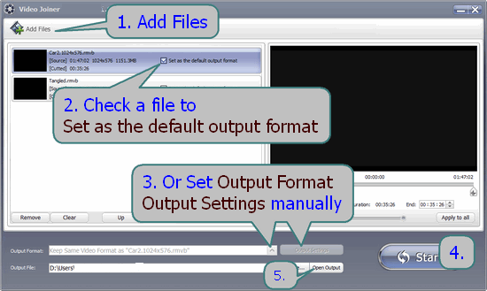 Окно Video Joiner в GiliSoft Video Editor со списком файлов и настройкой выходного формата