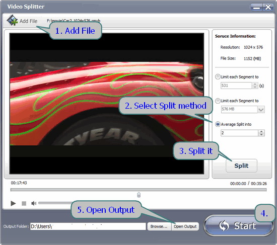 Интерфейс Video Splitter в GiliSoft Video Editor с выбором метода разделения