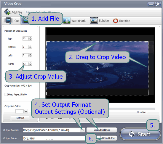 Модуль Video Crop GiliSoft Video Editor с рамкой кадрирования и выходными настройками